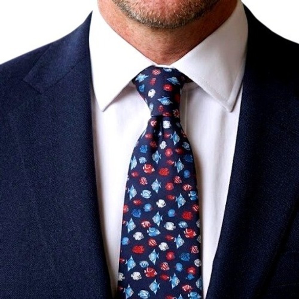 Vintage Burberrys Navy Blue Silk Tie Tropical Fish Marine Print Novelty Necktie